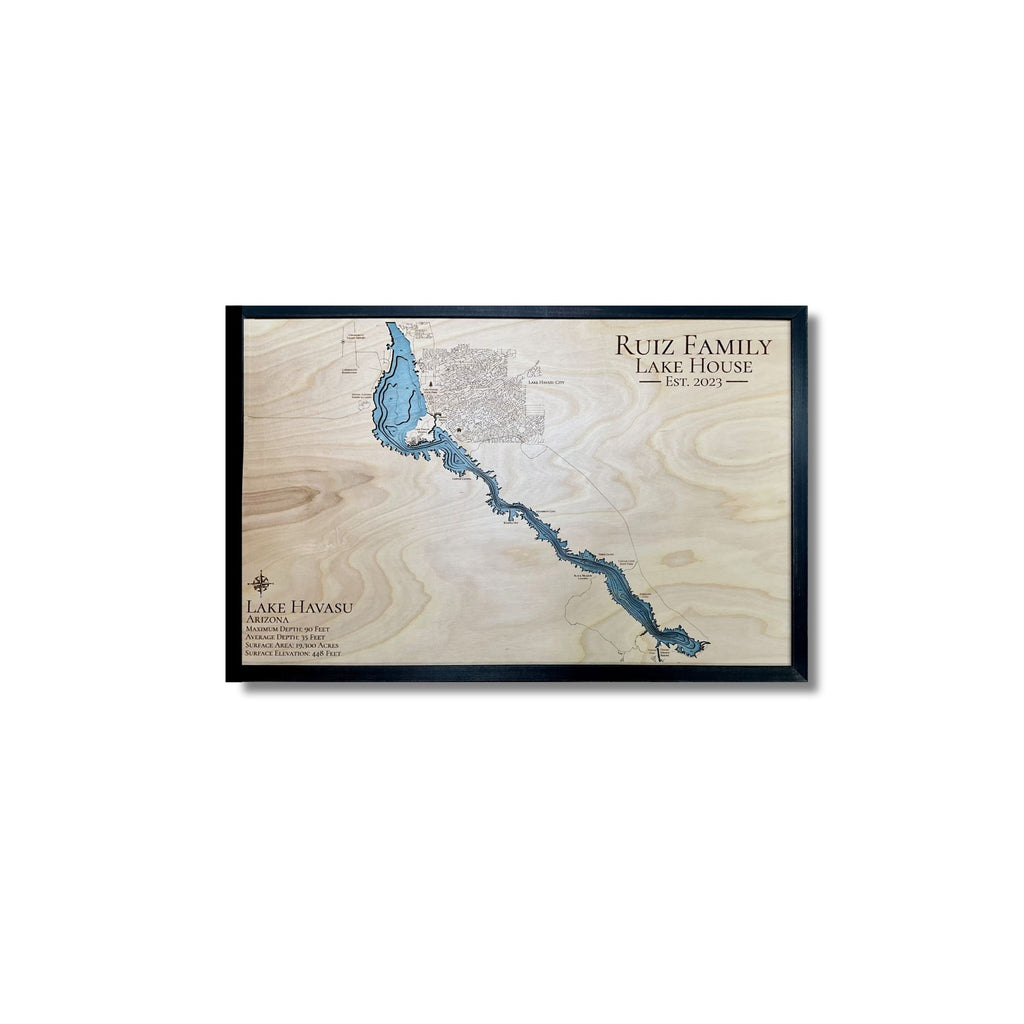 Custom multi water layer wooden map of Lake Havasu with black frame.