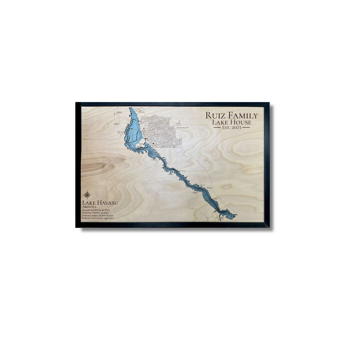 Custom multi water layer wooden map of Lake Havasu with black frame.