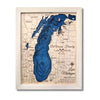 Small multi water layer map of Lake Michigan with personalized text and dark blue water stain. 