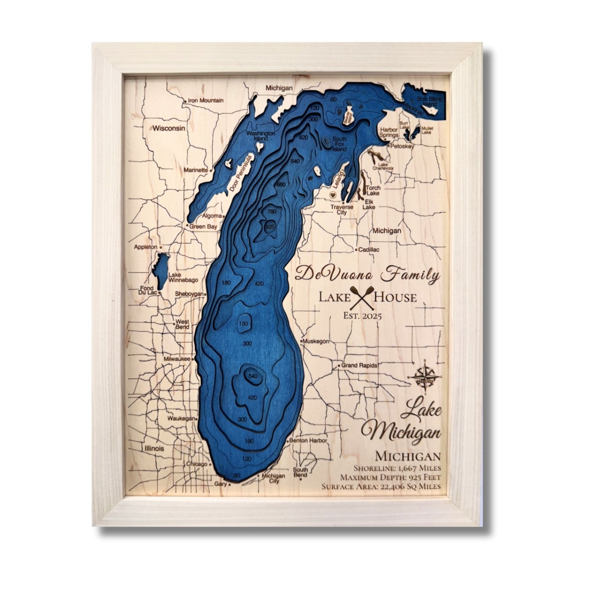 Small multi water layer map of Lake Michigan with personalized text and dark blue water stain. 
