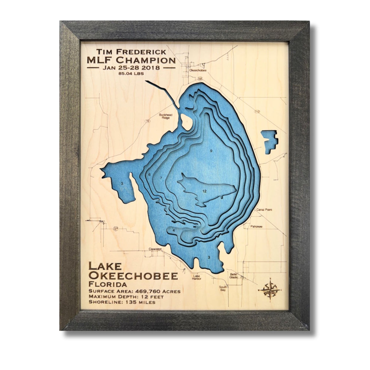 Multi water layer map of Lake Okeechobee with brown frame. 
