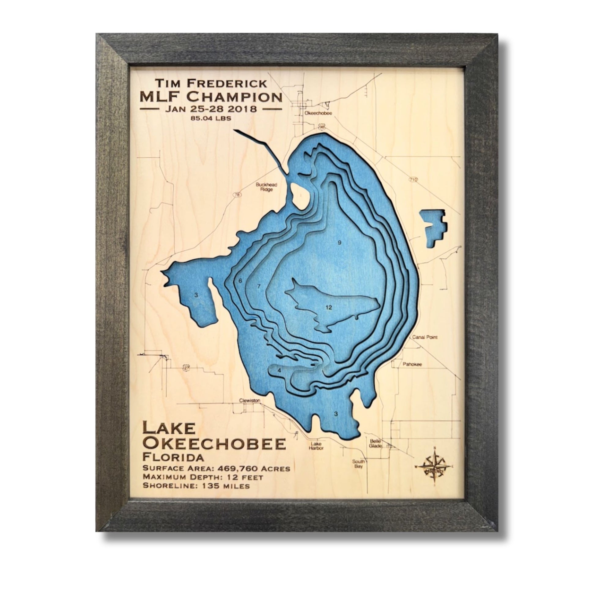 Multi water layer map of Lake Okeechobee with brown frame. 
