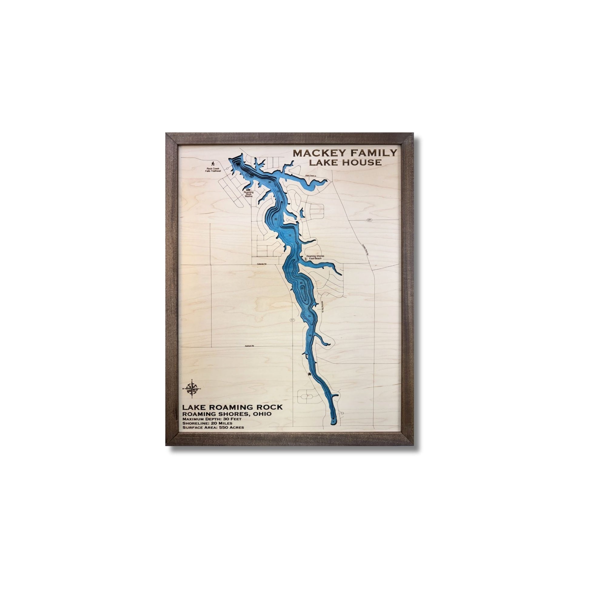 Framed map of Lake Roaming Rock with personalized title on a white background