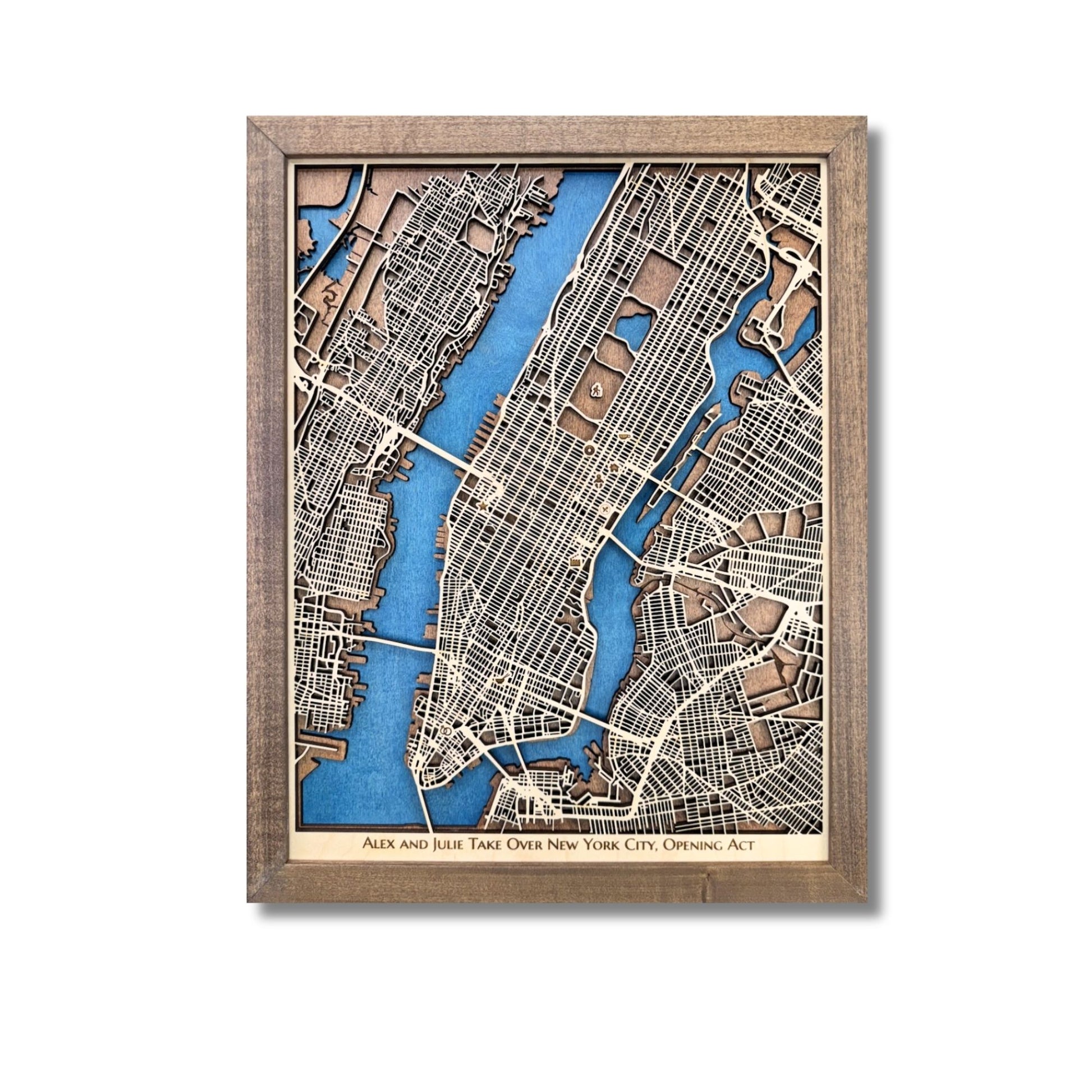 Custom map of Manhattan with icons and a personalized title. 