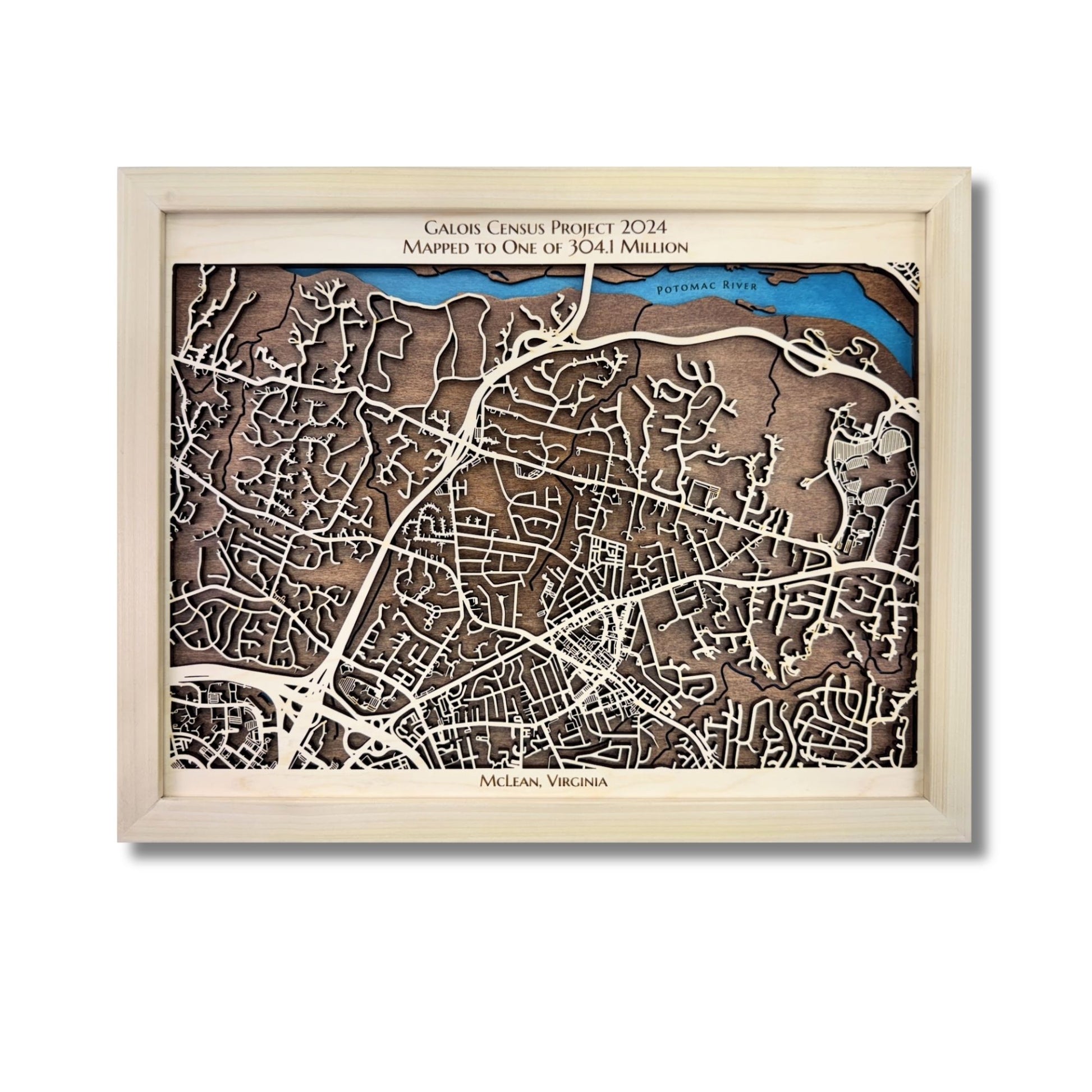 Custom city map of McLean, Virginia, with a natural wood colored frame. 