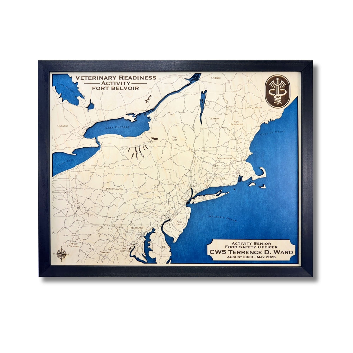 Custom military recognition map with blue water stain, engraved text, and a black frame. 