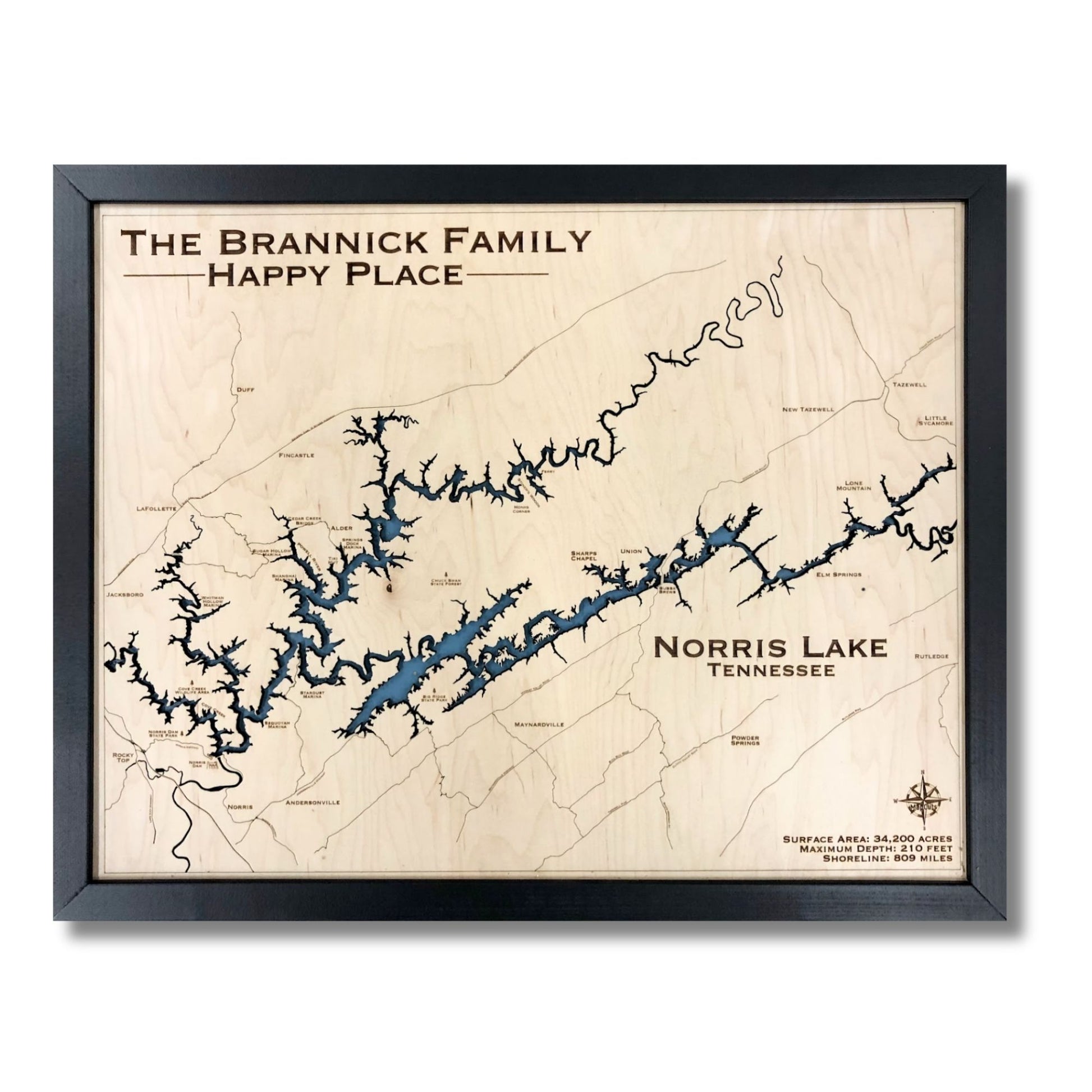 Single water layer map of Norris Lake with dark blue water stain, a black frame, and personalized text. 