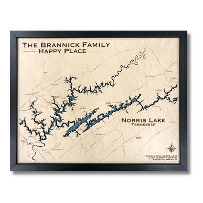 Single water layer map of Norris Lake with dark blue water stain, a black frame, and personalized text. 