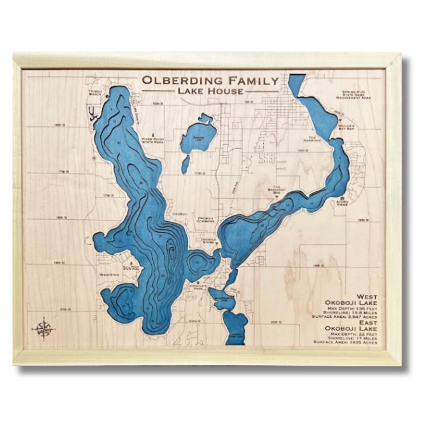 Okoboji Lakes map with natural wood frame. 