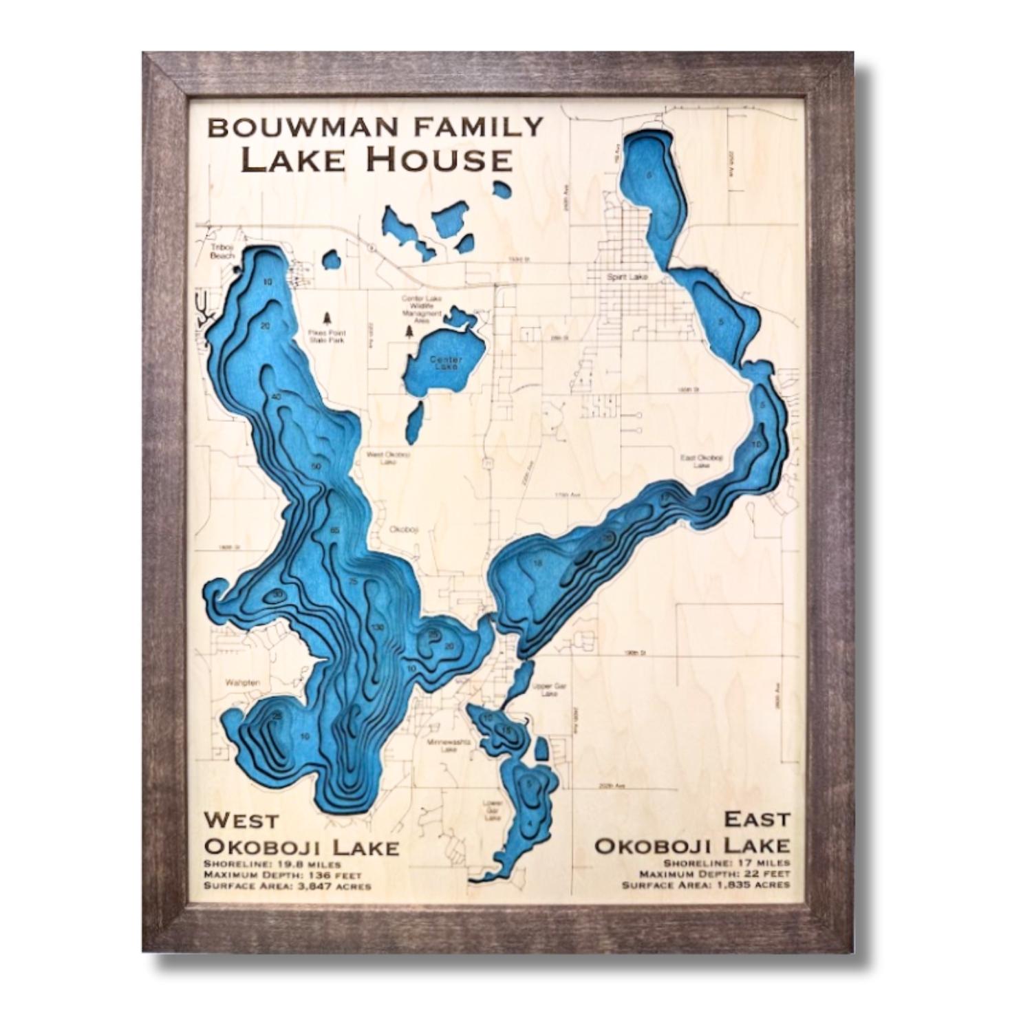 Okoboji Lakes map with personalized title. 