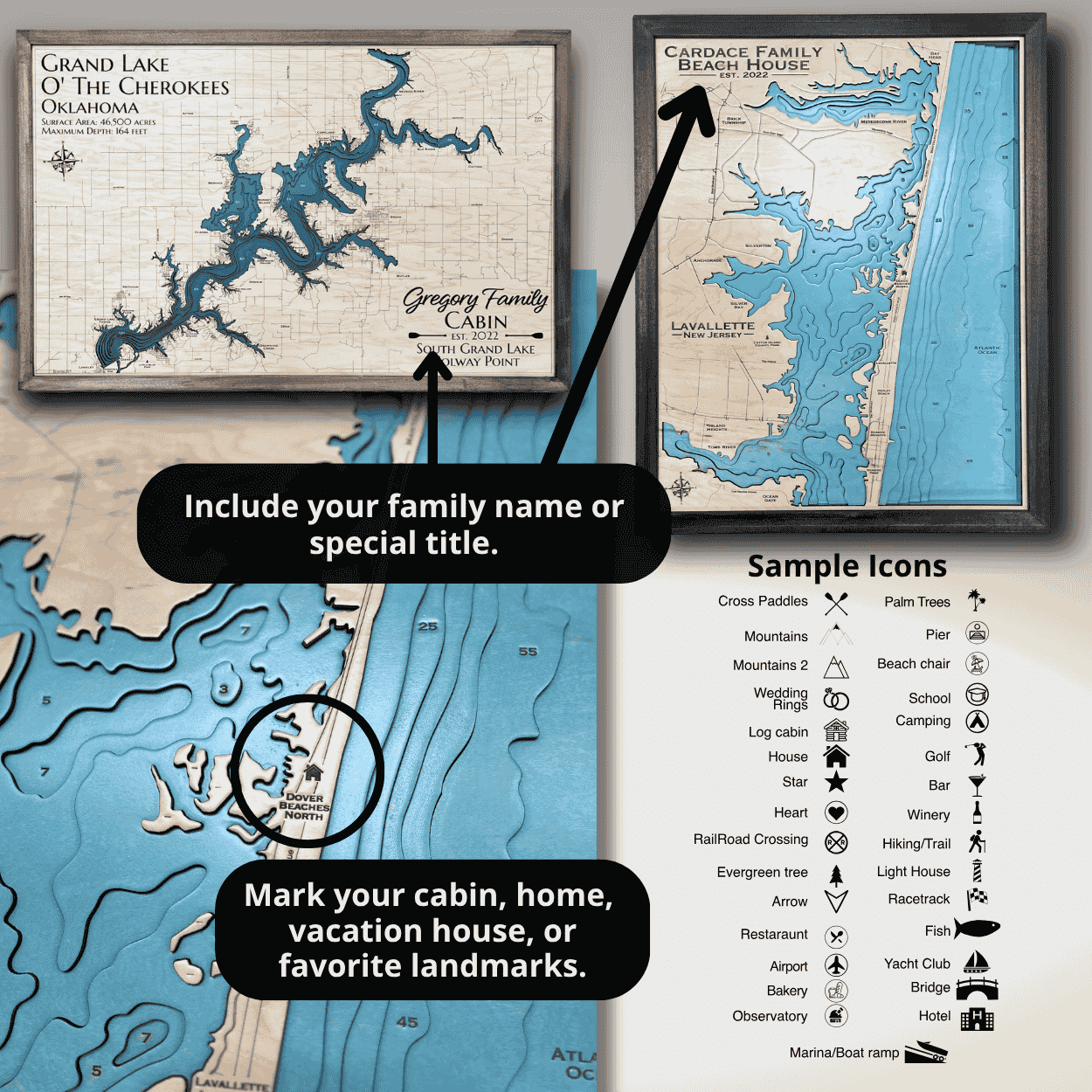 Personalized 3D Wood Carved Art Lake Map | Lake House Decor – Map Cuts