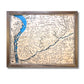 Wooden topographic map with a blue stained river and raised terrain contours. 