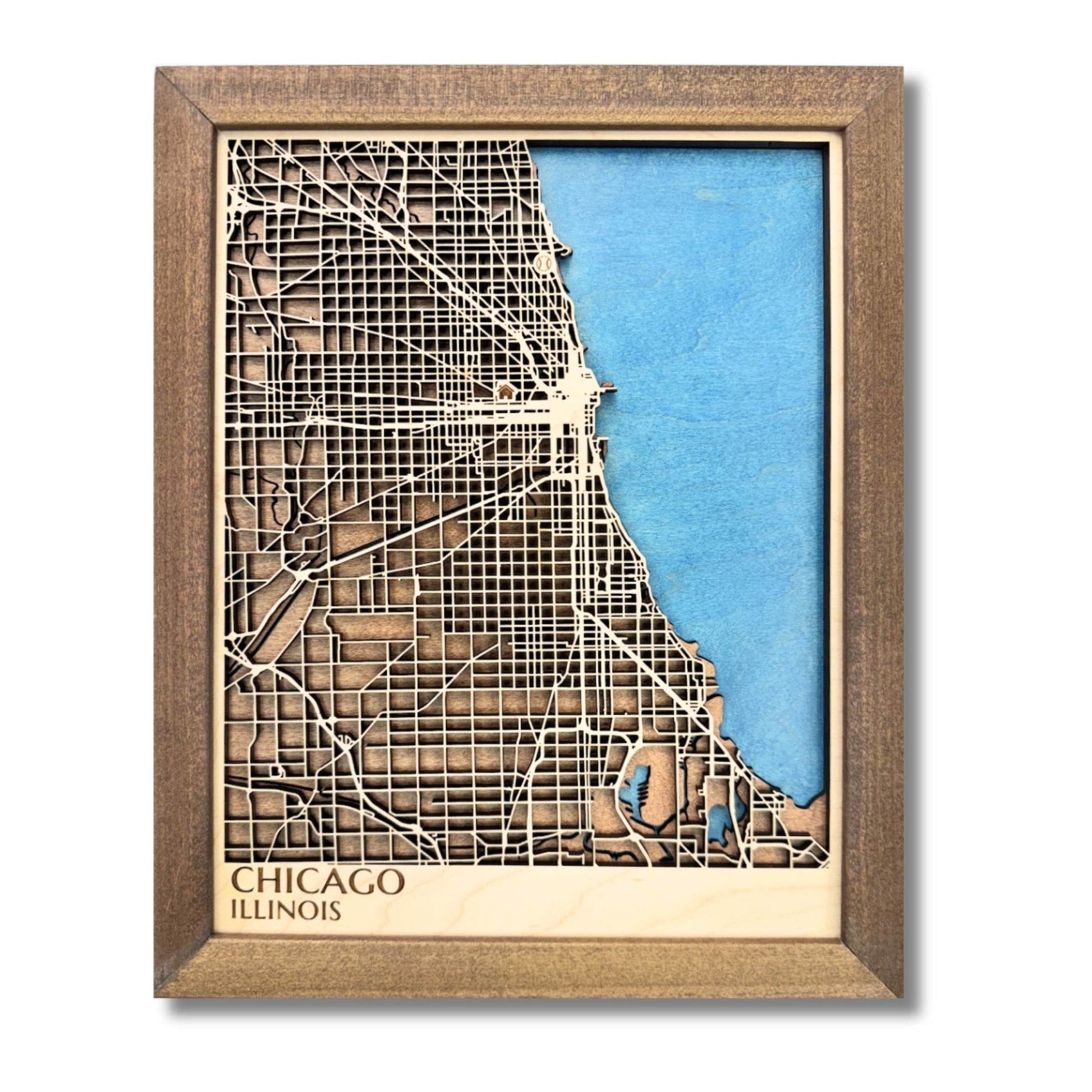 A custom wooden city map of Chicago with house and baseball icons.