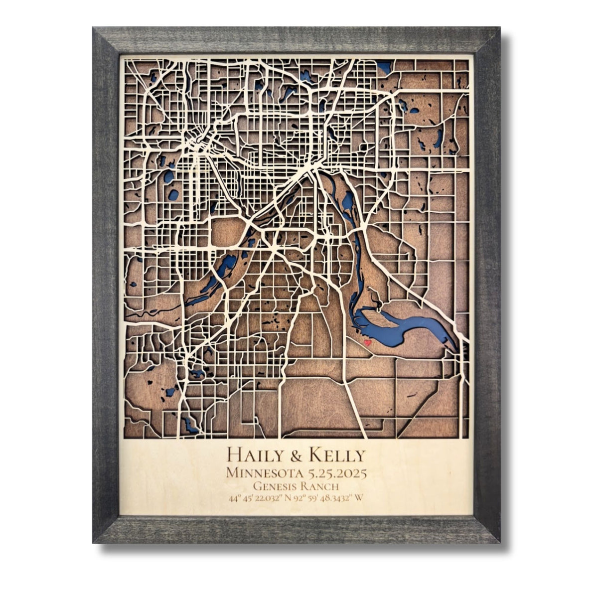 Custom map showing a business location which is marked by a red heart. 