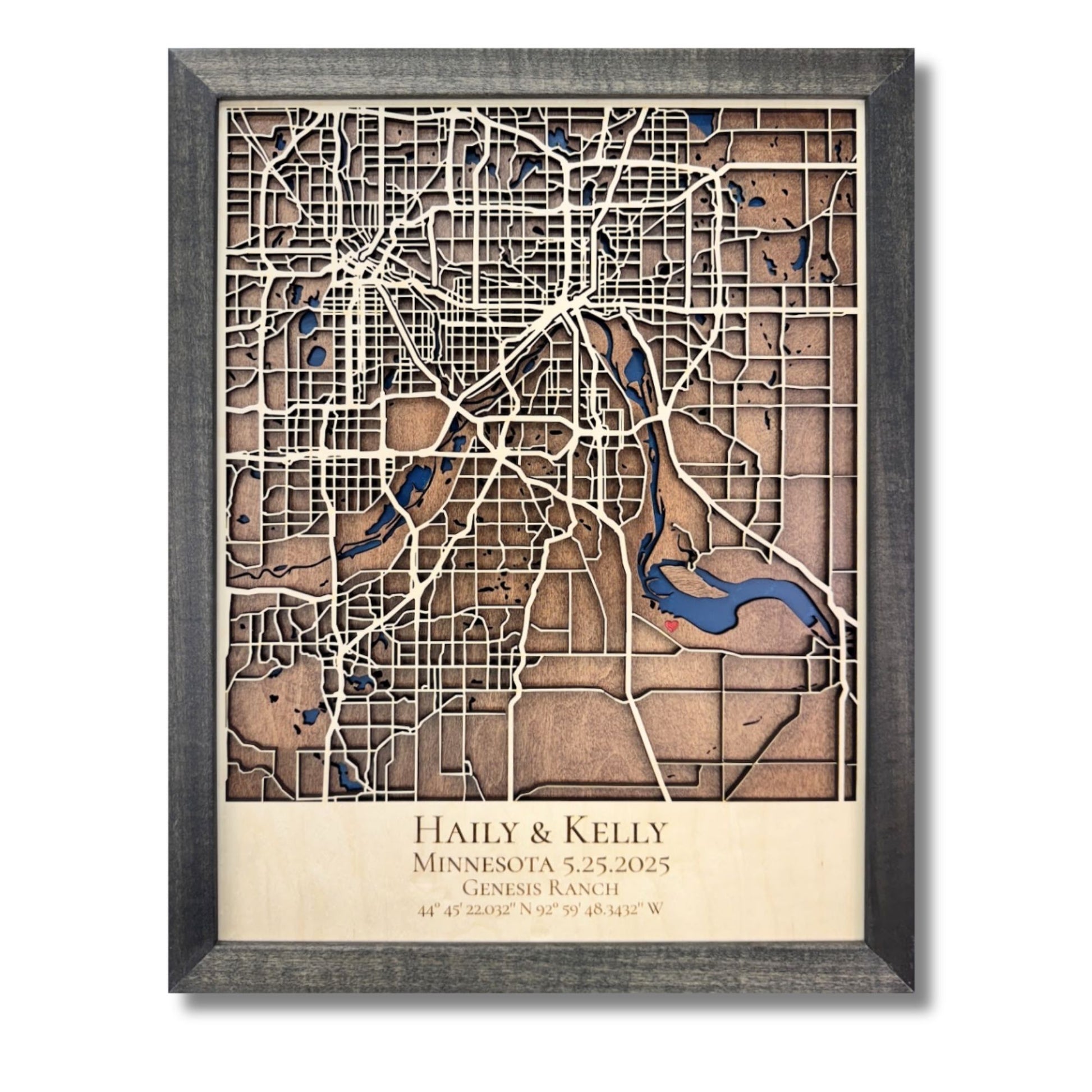 Custom map showing a business location which is marked by a red heart. 