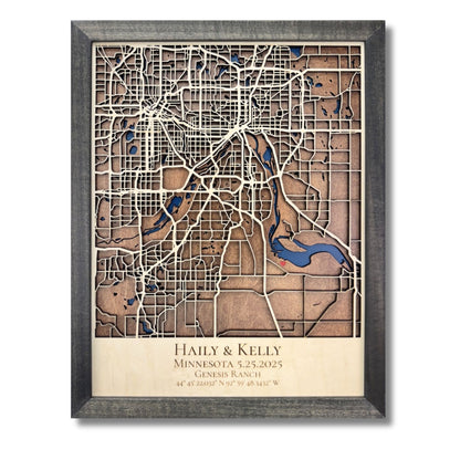 Custom map showing a business location which is marked by a red heart. 