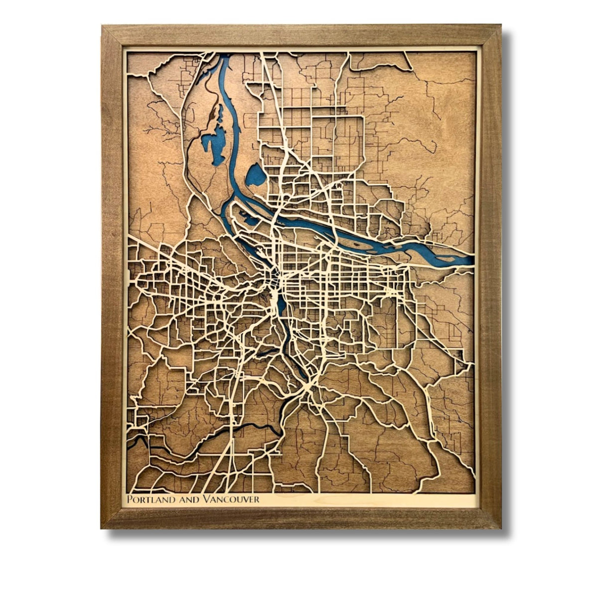 Small custom wooden city map of Portland and Vancouver. 