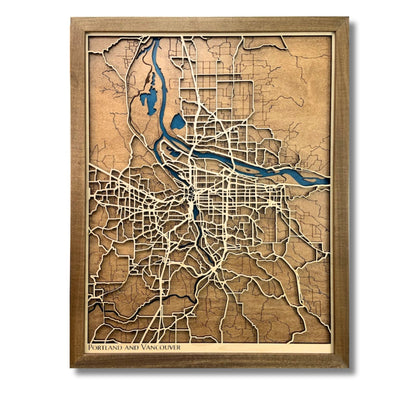 Small custom wooden city map of Portland and Vancouver. 