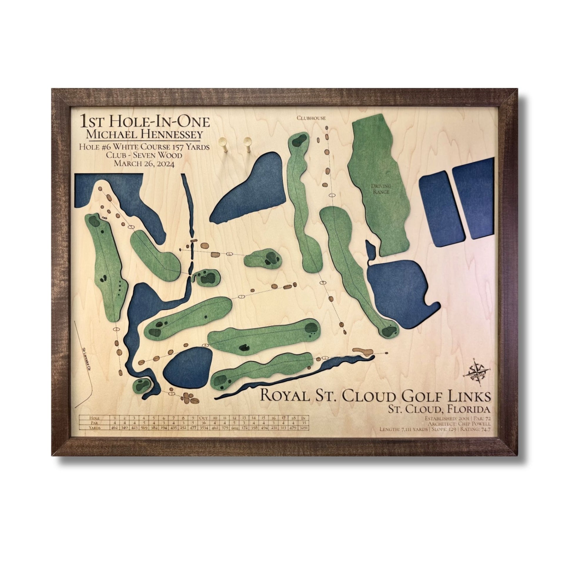 A 3D wooden golf map commemorating a 1st hole in one. 