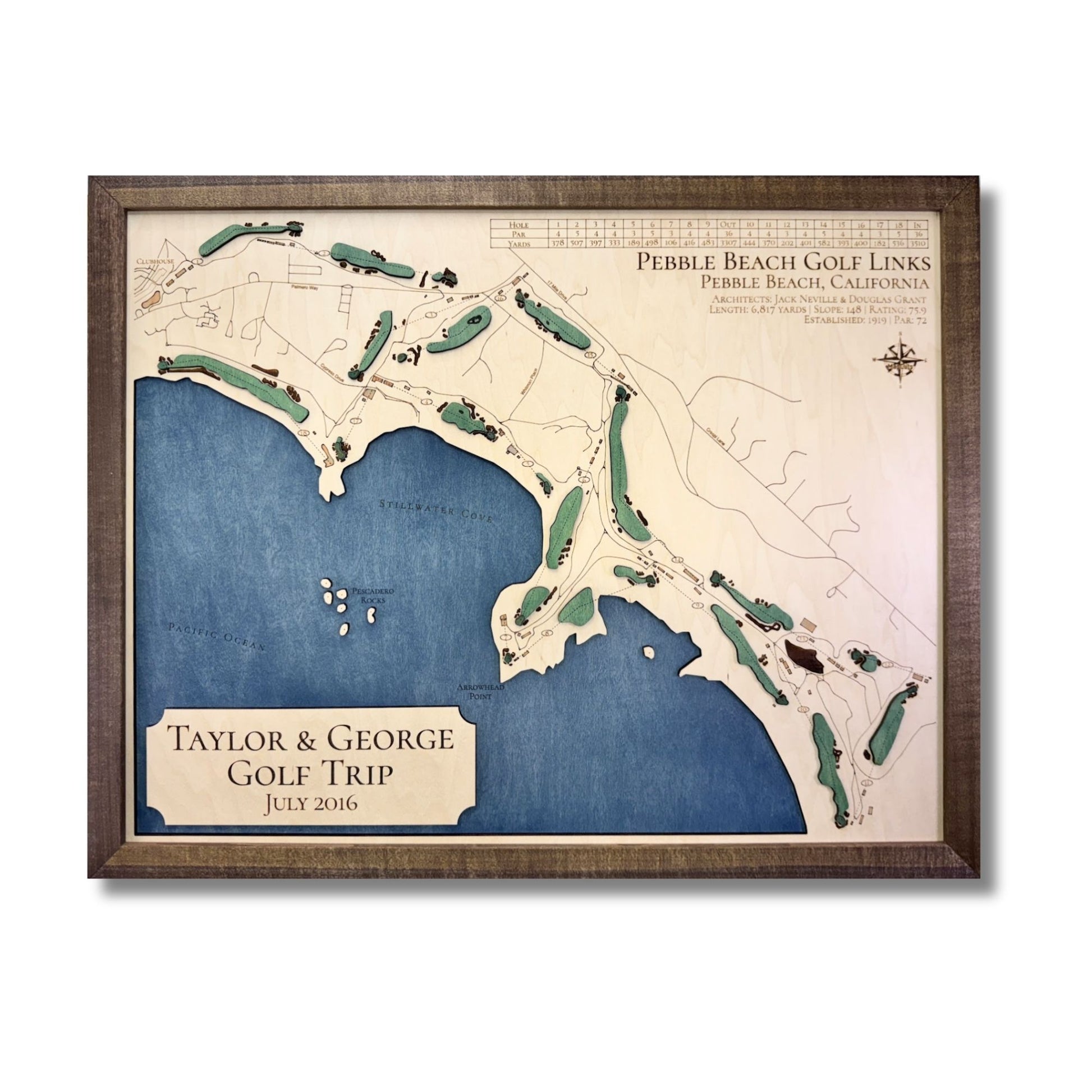 A custom golf course map with personalized text, dark blue water stain, and raised green greens. 