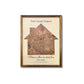 A 3D wooden map in the shape of a house with personalized title, quote, established date, and coordinates. 