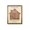 A 3D wooden map in the shape of a house with personalized title, quote, established date, and coordinates. 