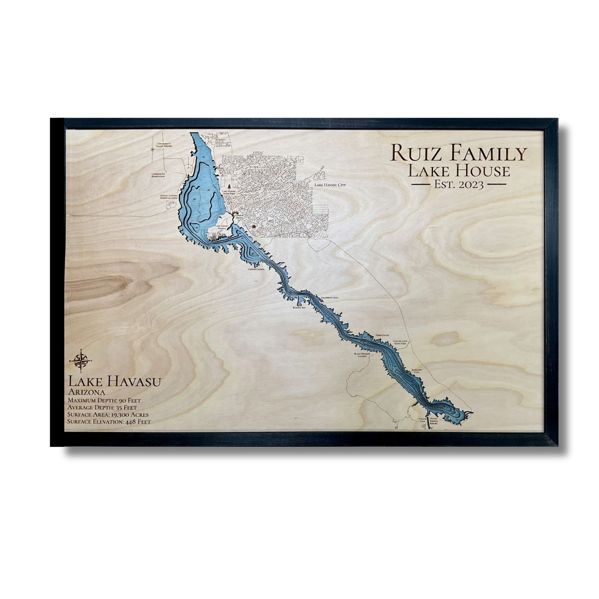 Wooden map of Lake Havasu with personalized title on a white background.