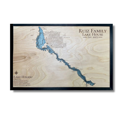 Wooden map of Lake Havasu with personalized title on a white background.