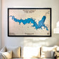 A custom wooden map of Wilson Lake in Kansas hanging on the wall above a couch. 