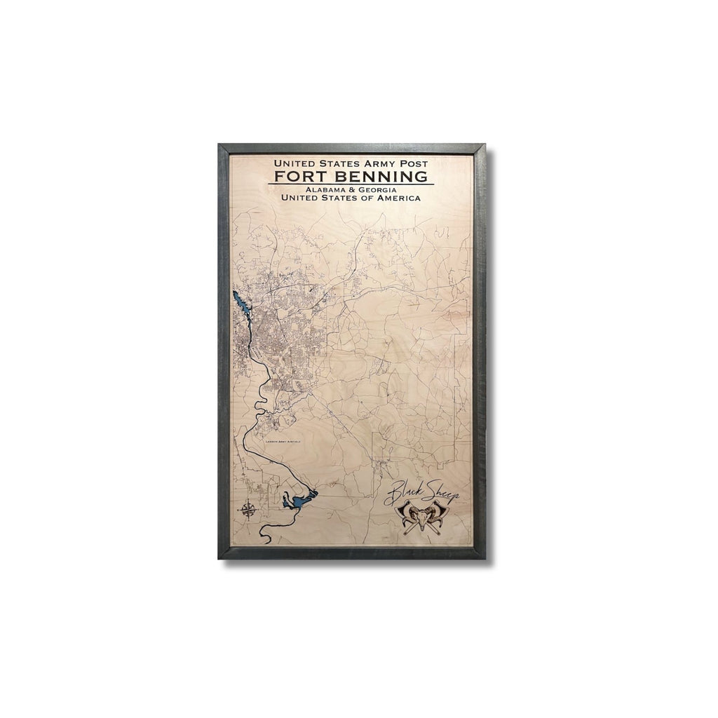 Framed wooden map of Fort Benning on a white background.