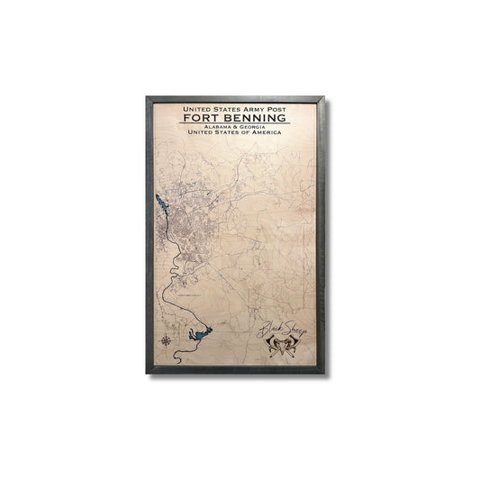 Framed wooden map of Fort Benning on a white background.