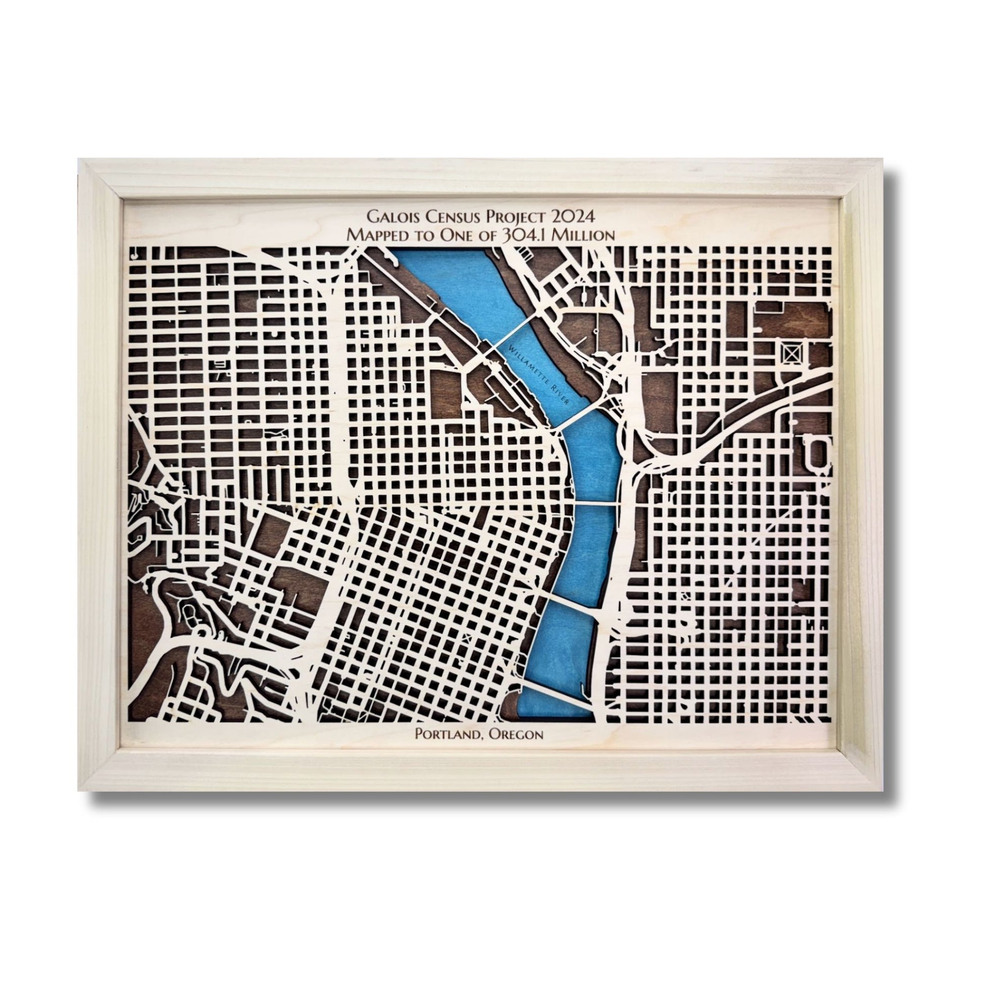 Wooden city map of a custom section of Portland, OR.