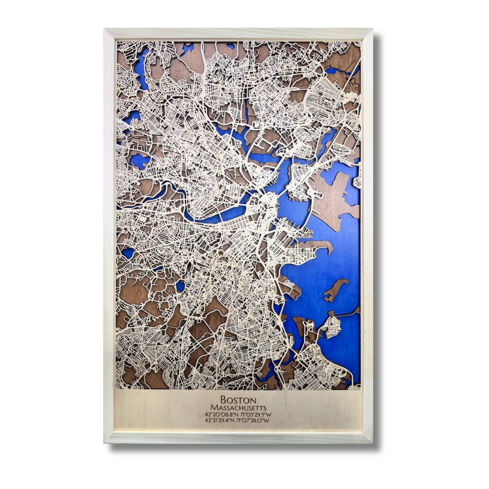 Large framed Boston city map on a white background. 