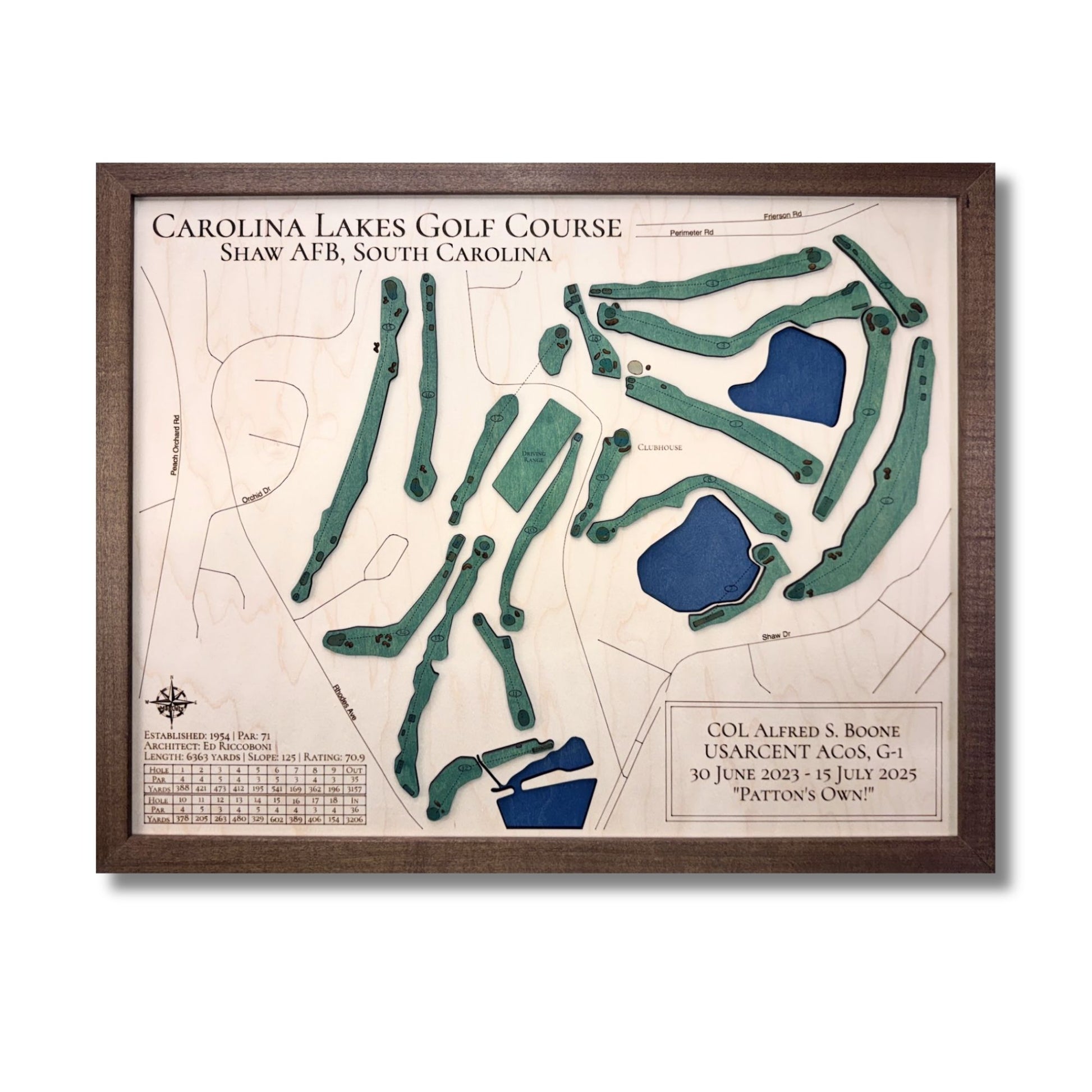 A custom wooden golf map with personalized text. 