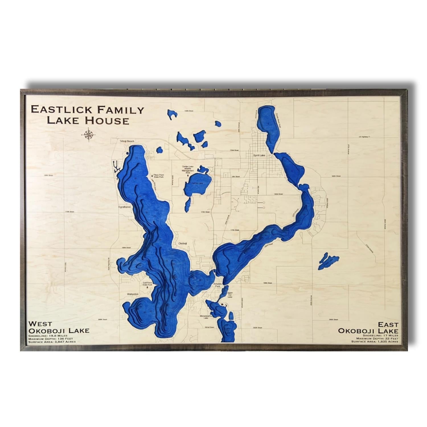 Horizontally framed Okoboji Lakes map with walnut colored frame. 