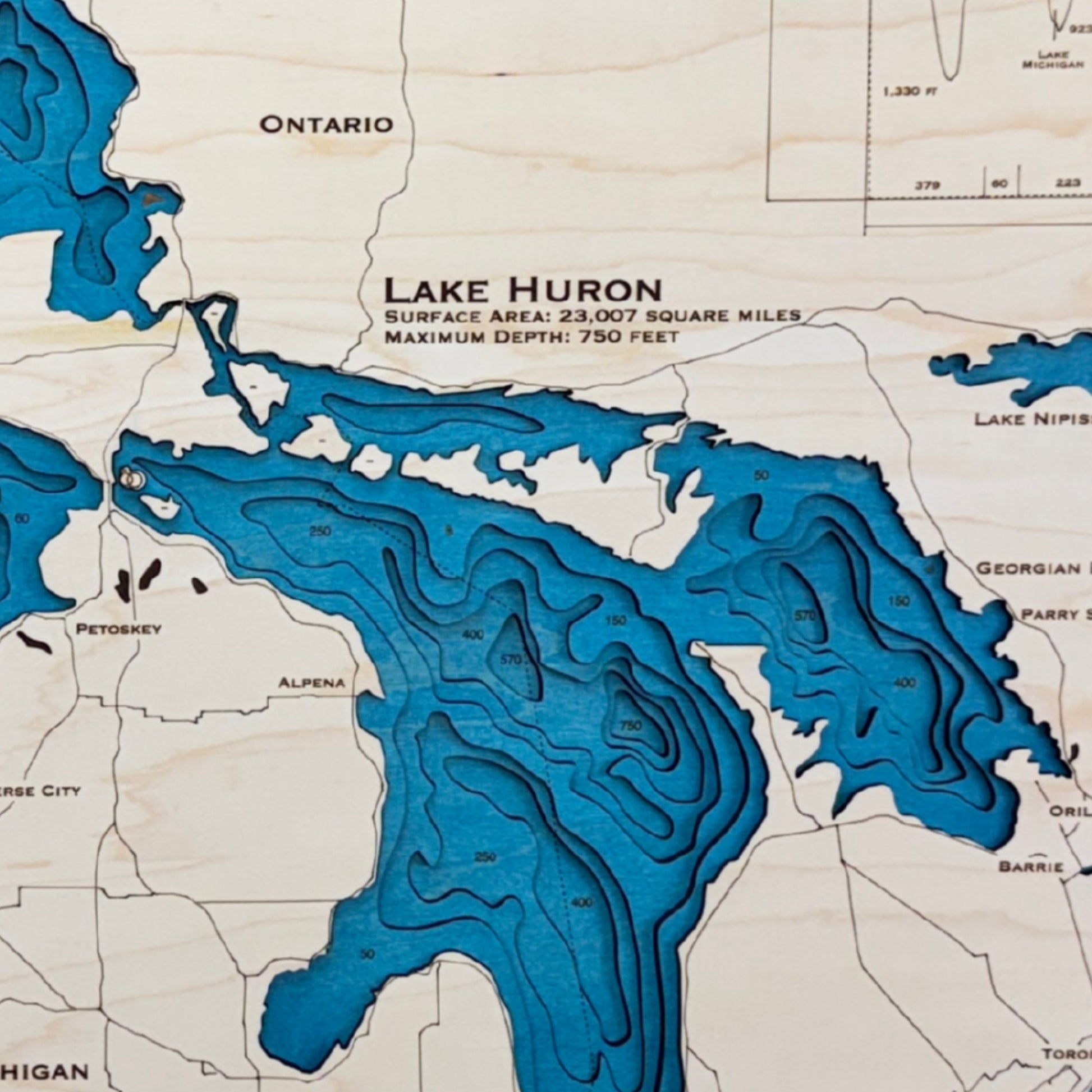 Close up image of the cut water layers in the Great Lakes map.
