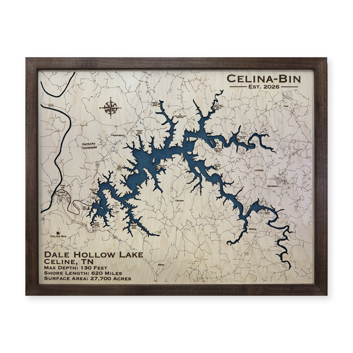 Dale Hollow Celina wood map — single layer, white background