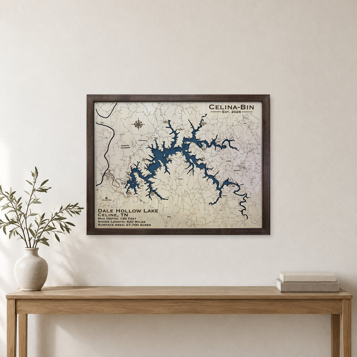 Dale Hollow Celina wood map — single layer, staged room mockup