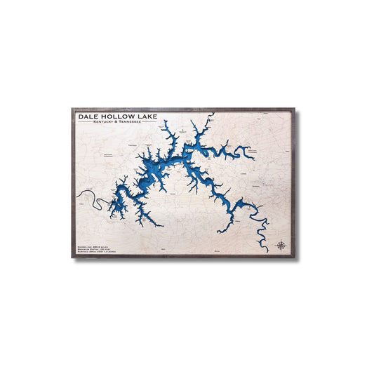 Dale Hollow Lake multi water layer map with deep blue water stain and a brown frame. 