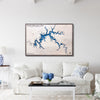 A Dale Hollow Lake 3D wooden map hanging on a wall in a living room above a couch. 