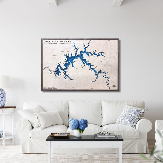 A Dale Hollow Lake 3D wooden map hanging on a wall in a living room above a couch. 
