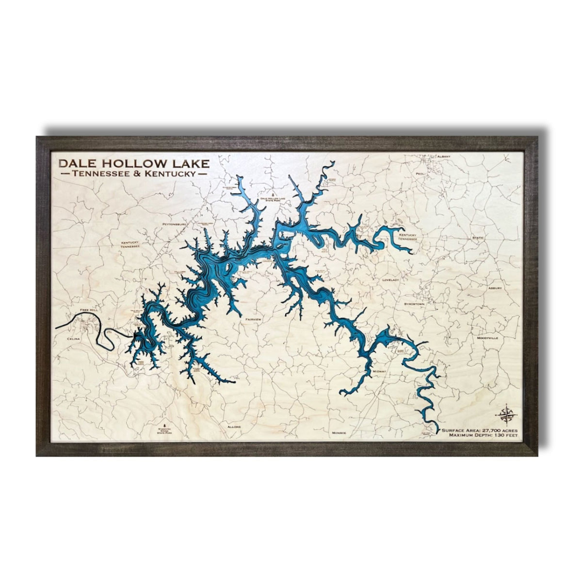 Dale Hollow Lake multi water layer map on a white background. 