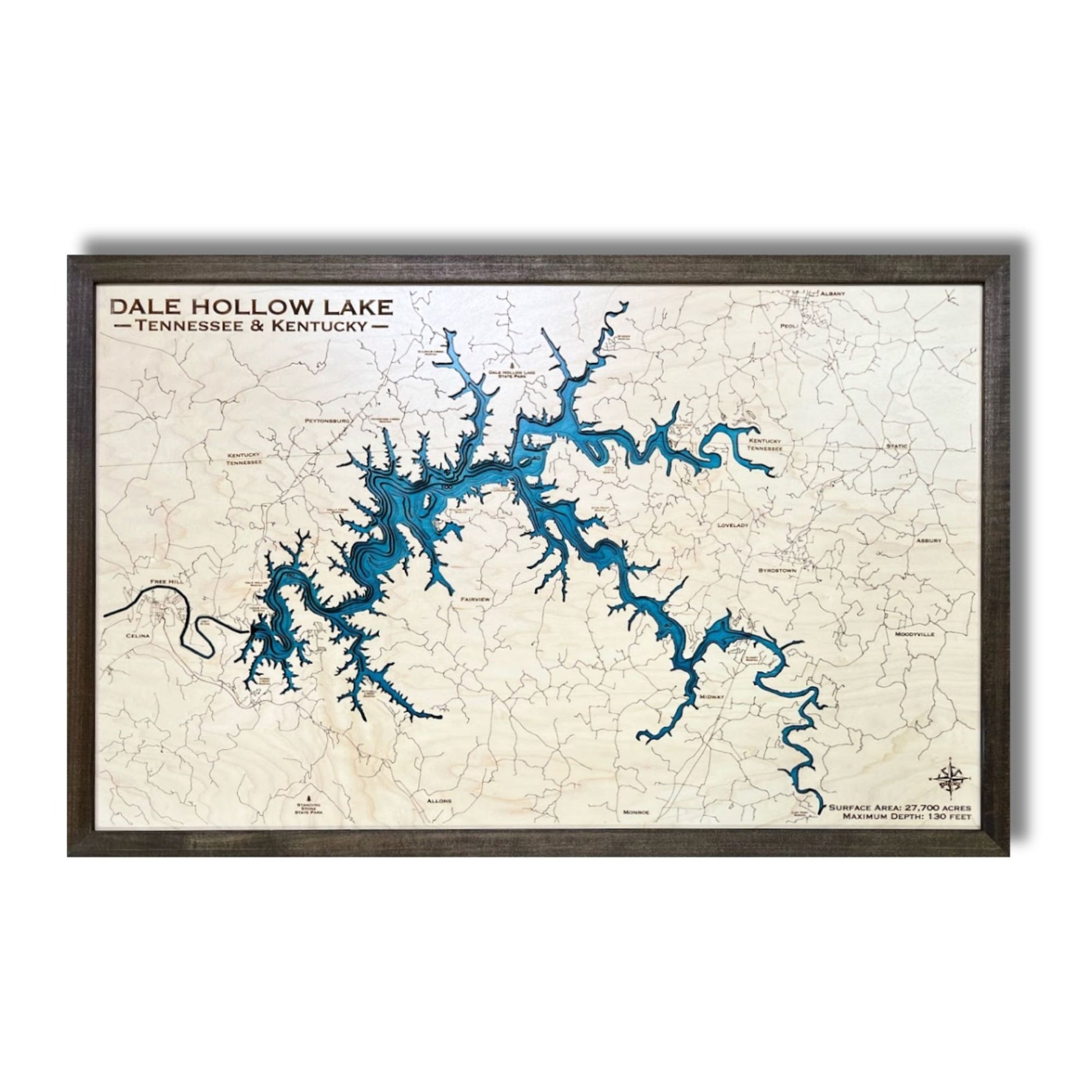 Dale Hollow Lake multi water layer map on a white background. 