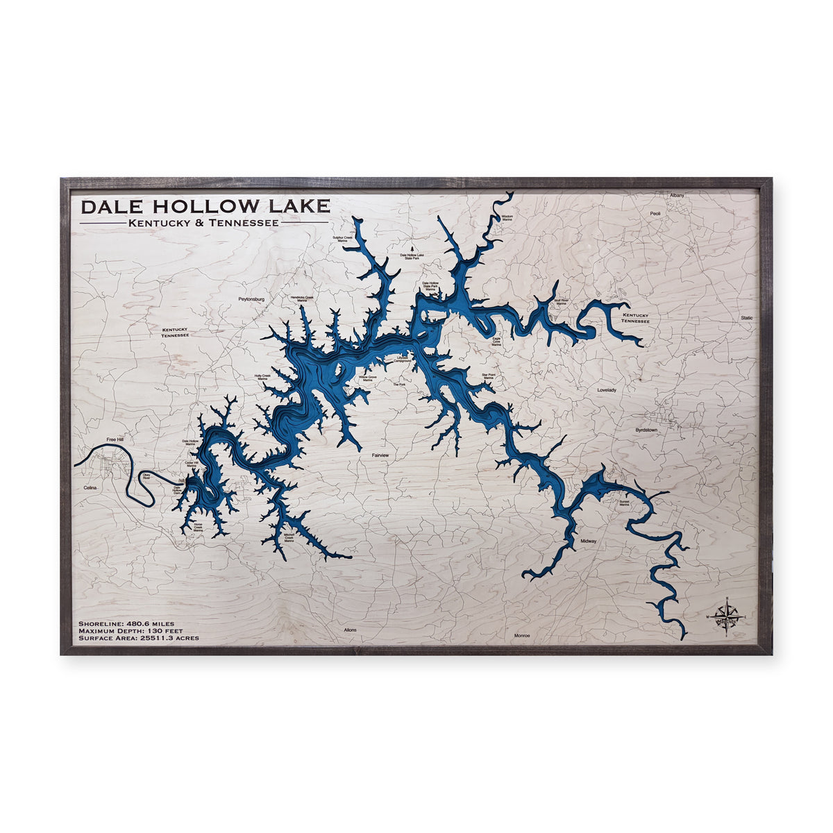 Dale Hollow Large wood map — multilayer, white background
