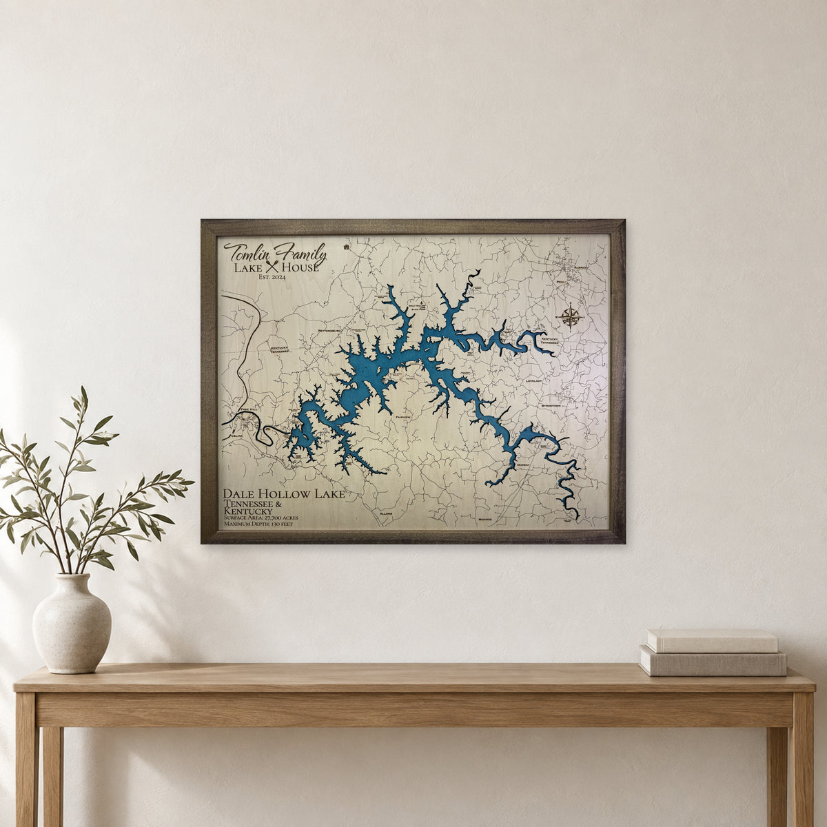 Dale Hollow Tomlin wood map — single layer, staged room mockup