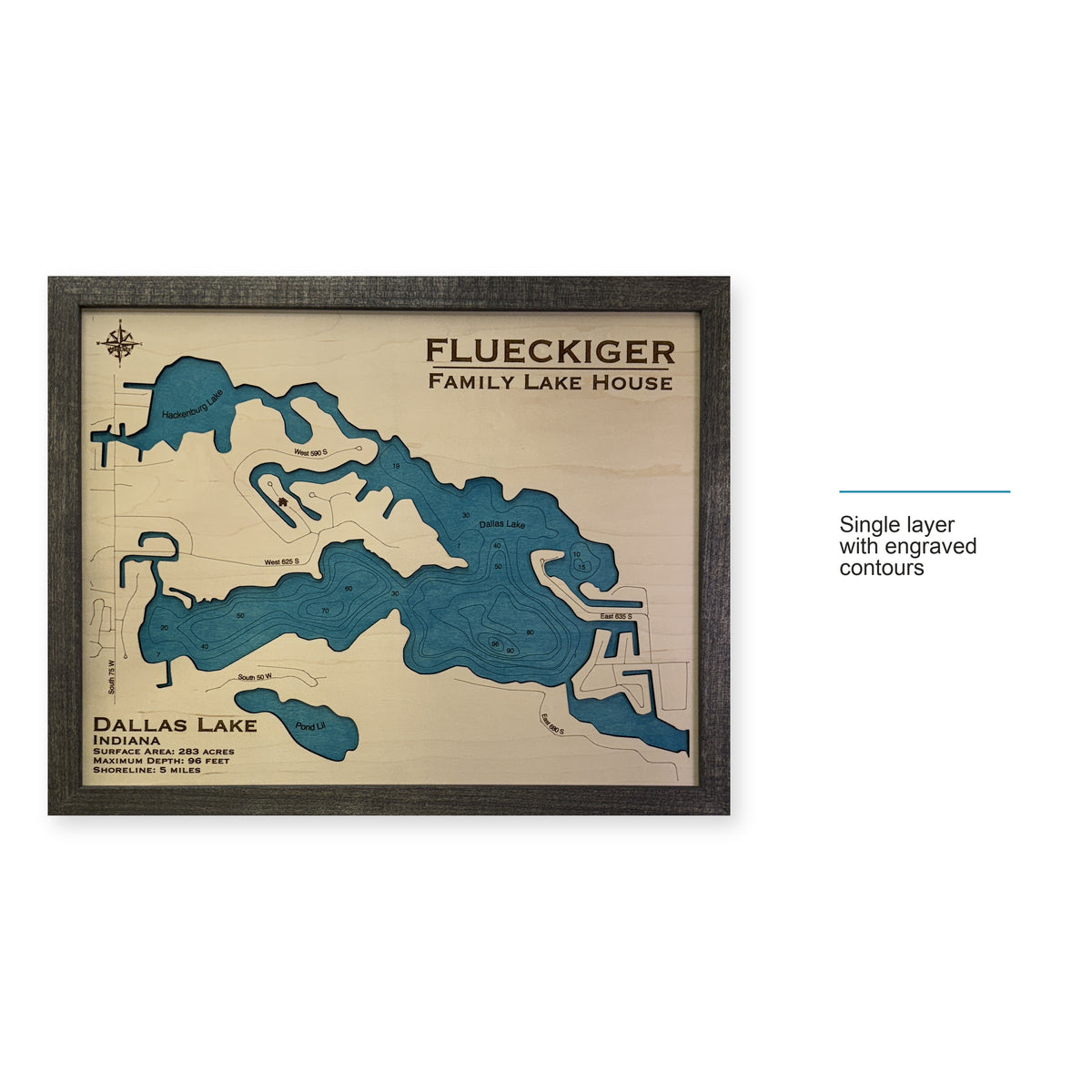 Dallas Flueckiger wood map — single layer with engraved contours, layer option shown