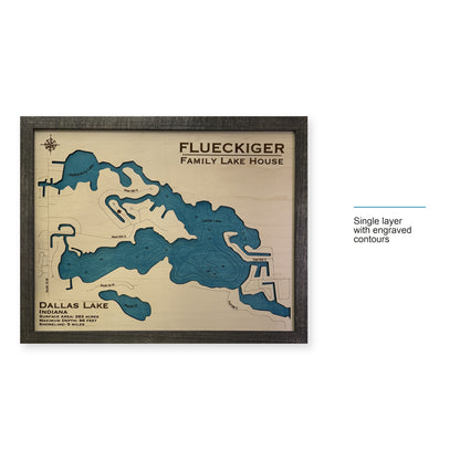 Dallas Flueckiger wood map — single layer with engraved contours, layer option shown