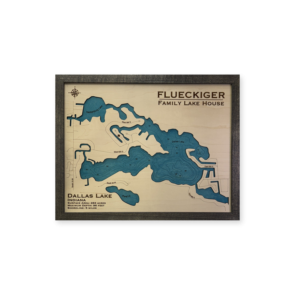 Dallas Flueckiger wood map — single layer with engraved contours, white background