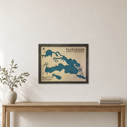 Dallas Flueckiger wood map — single layer with engraved contours, staged room mockup
