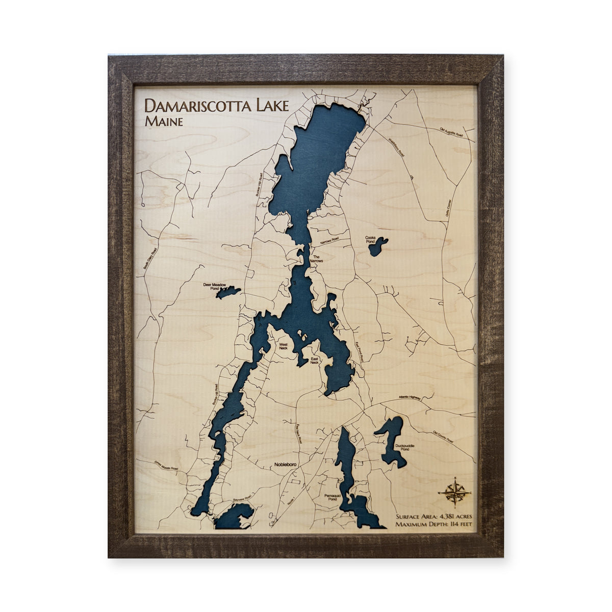 Damariscotta Lake wood map — single layer, white background